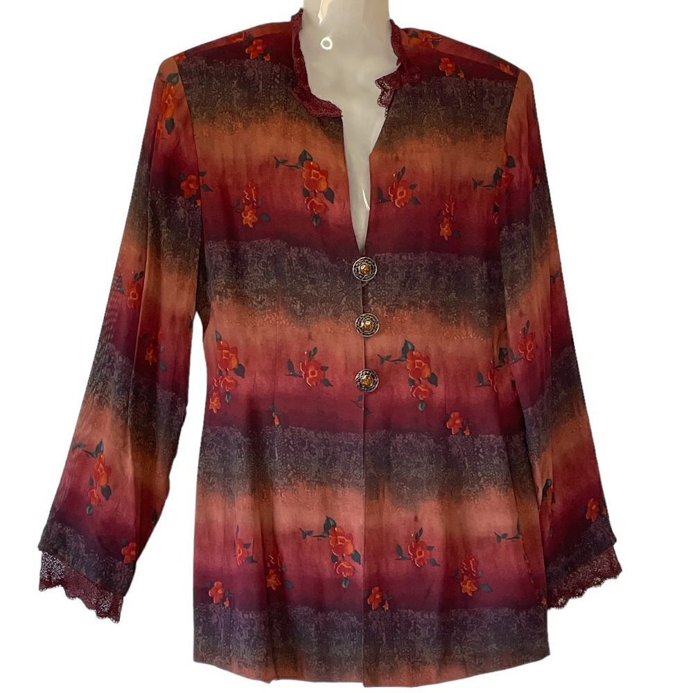 Vintage Long Jacket by Platinum by Dorothy Schoelen Dark Dusky Red Black Floral